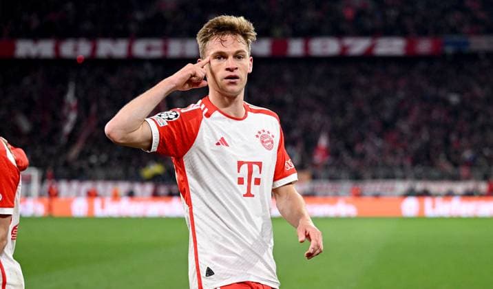 FOOTBALL CHAMPIONS LEAGUE SEASON 2023 2024 Quarter-final second leg FC Bayern Muenchen FC Arsenal London 17 04 2024 FC Bayern Muenchen cheering after the goal for 1 0 goal scorer Joshua Kimmich