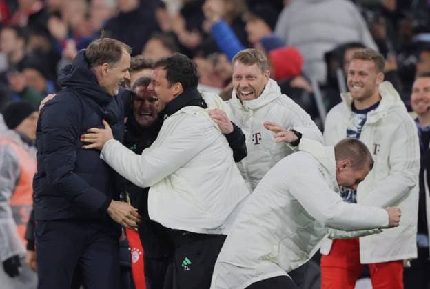 Joy Bayern Supervisor and Coach Thomas TUCHEL Football, Bayern Munich Arsenal London Football, UEFA Champions League, FC Bayern Munich FC Arsenal London, Quarterfinal, Second leg, Season 2023 2024 On 17 04 2024, in Munich, Germany, A L L I A N Z A R E N A Source Copyright Credit Oryk HAIST xFUSSBALL-BAYERN-ARSENALx