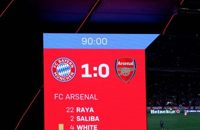 Munich, Germany 17 April 2024 Football, Men, Champions League, Season 2023 2024, Quarter-final second leg, FC Bayern Munich FC Arsenal, Allianz Arena Final score 1 0 on the scoreboard