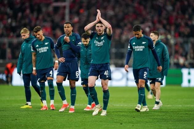 Munich, Germany, April 17th 2024: Players of Arsenal look dejected after their loss during the UEFA Champions League quarterfinal football match between FC Bayern Munich and Arsenal FC at Allianz Arena in Munich, Germany. (Daniela Porcelli SPP) Copyright: xDanielaxPorcellix xSPPx spp-en-DaPoSp-20240417-DP109190