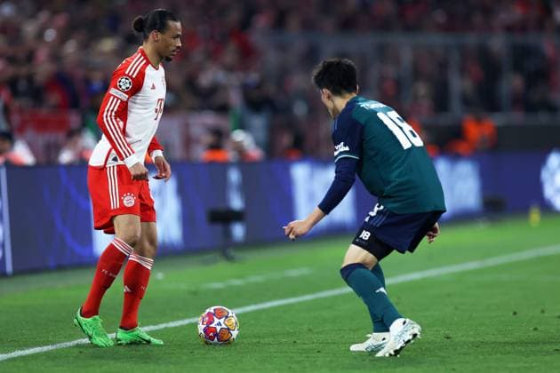 Soccer Champions League quarter final FC Bayern Munich FC Arsenal on 17 04 2024 at the Allianz Arena in Munich Leroy Sane Munich , left Takehiro Tomiyasu London , right xMSx