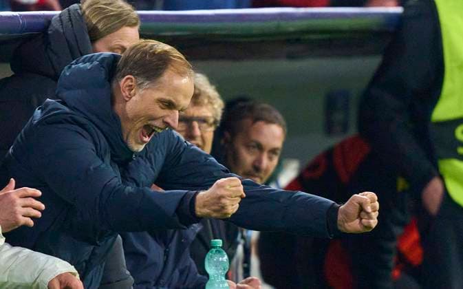 Trainer Thomas Tuchel (FCB), team manager, headcoach, coach, celebrate at final whistle after the quarter final match FC BAYERN MUENCHEN - FC ARSENAL LONDON of football UEFA Champions League in season 2023 2024 in Munich, Apr 17, 2024. Viertelfinale,, FCB, München