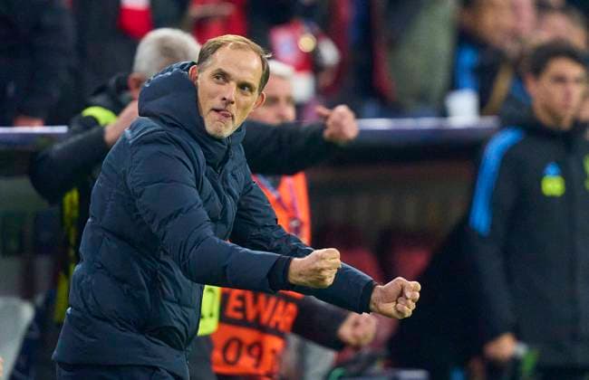 Trainer Thomas Tuchel (FCB), team manager, headcoach, coach, celebrate at final whistle after the quarter final match FC BAYERN MUENCHEN - FC ARSENAL LONDON of football UEFA Champions League in season 2023 2024 in Munich, Apr 17, 2024. Viertelfinale,, FCB, München