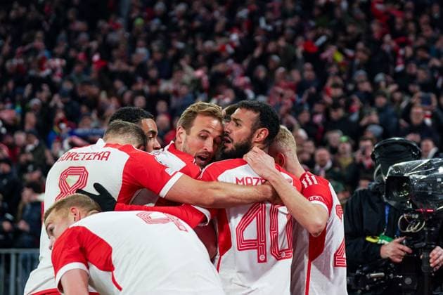 Munich, Germany, April 17th 2024: Joshua Kimmich (6 Bayern Munich) celebrates his goal with Harry Kane (9 Bayern Munich), Noussair Mazraoui (40 Bayern Munich), Leon Goretzka (8 Bayern Munich) and others during the UEFA Champions League quarterfinal football match between FC Bayern Munich and Arsenal FC at Allianz Arena in Munich, Germany. (Daniela Porcelli SPP) Copyright: xDanielaxPorcellix xSPPx spp-en-DaPoSp-20240417-DP301332