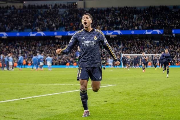 Manchester City v Real Madrid Champions League 17 04 2024. Quarter Final Real Madrid midfielder Jude Bellingham (5) celebrates after winning the Champions League quarter-final second leg match between Manchester City and Real Madrid at the Etihad Stadium, Manchester, England on 17 April 2024. Editorial use only , Copyright: xIanxStephenx PSI-19482-0054