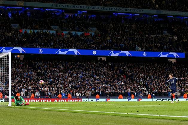 Luka Modric of Real Madrid has their penalty saved by Ederson of Manchester City Manchester City v Real Madrid, UEFA Champions League, Quarter Final, Second Leg, Football, Etihad Stadium, Manchester, UK - 17 Apr 2024 EDITORIAL USE ONLY No use with unauthorised audio, video, data, fixture lists, club league logos or live services. Online in-match use limited to 120 images, no video emulation. No use in betting, games or single club league player publications. Copyright: xMattxWest Shutterstockx 14434933dg