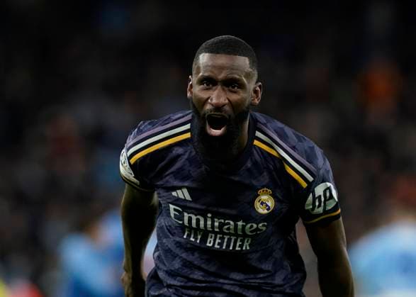 Manchester, England, 17th April 2024. Antonio Rudiger of Real Madrid celebrates the win during the UEFA Champions League Quarter Final 2nd Leg match at the Etihad Stadium, Manchester. Picture credit should read: Andrew Yates Sportimage EDITORIAL USE ONLY. No use with unauthorised audio, video, data, fixture lists, club league logos or live services. Online in-match use limited to 120 images, no video emulation. No use in betting, games or single club league player publications. SPI-3082-0135