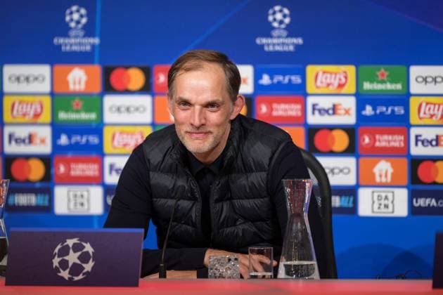 Soccer, UEFA Champions League, 20240418, FC Bayern Munich FC Arsenal In the picture Coach of FC Bayern Munich Thomas TUCHEL confidently satisfied PK Press conference after match Munich Allianz Arena Bayern Germany Copyright: Passion2Press MarkusxFischerx