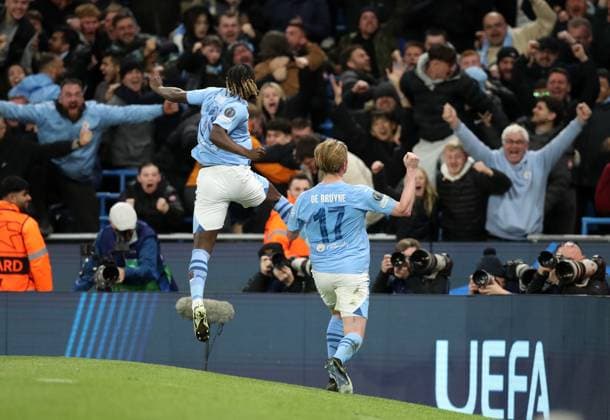 17th April 2024; Etihad Stadium, Manchester, England; Champions League Football, Quarter Final, Manchester City versus Real Madrid; Kevin de Bruyne of Manchester City celebrates his equalising goal for 1-1 after 76 minutes  ActionPlus12631501 DavidxBlunsden