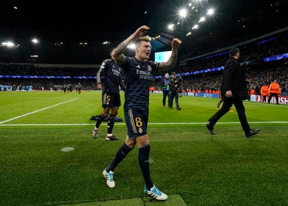 Manchester, England, 17th April 2024. Toni Kroos of Real Madrid celebrates the win during the UEFA Champions League Quarter Final 2nd Leg match at the Etihad Stadium, Manchester. Picture credit should read: Andrew Yates Sportimage EDITORIAL USE ONLY. No use with unauthorised audio, video, data, fixture lists, club league logos or live services. Online in-match use limited to 120 images, no video emulation. No use in betting, games or single club league player publications. SPI-3082-0145