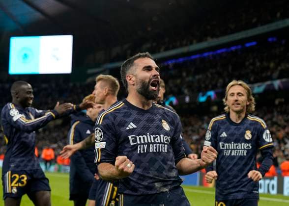 Manchester, England, 17th April 2024. Daniel Carvajal of Real Madrid celebrates the win during the UEFA Champions League Quarter Final 2nd Leg match at the Etihad Stadium, Manchester. Picture credit should read: Andrew Yates Sportimage EDITORIAL USE ONLY. No use with unauthorised audio, video, data, fixture lists, club league logos or live services. Online in-match use limited to 120 images, no video emulation. No use in betting, games or single club league player publications. SPI-3082-0149