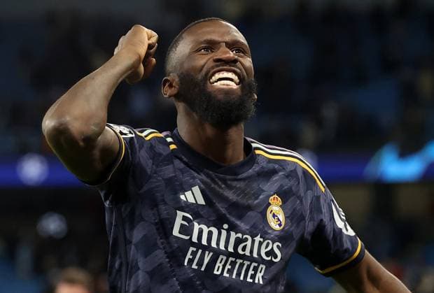 17th April 2024; Etihad Stadium, Manchester, England; Champions League Football, Quarter Final, Manchester City versus Real Madrid; Antonio Rudiger of Real Madrid celebrates after his side& x2019;s penalty shootout win  ActionPlus12631515 DavidxBlunsden