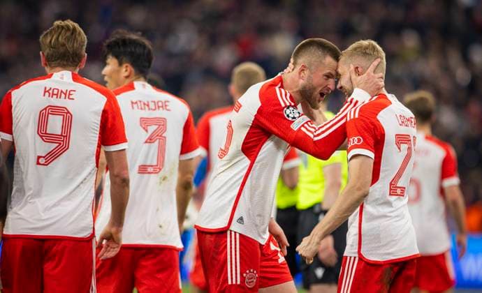 Munich Germany 17th Apr 2024 Final jubilation Eric Dier Muenchen Konrad Laimer Muenchen Bayern Munich Arsenal London 17 04 2024 Bayern Munich Arsenal London