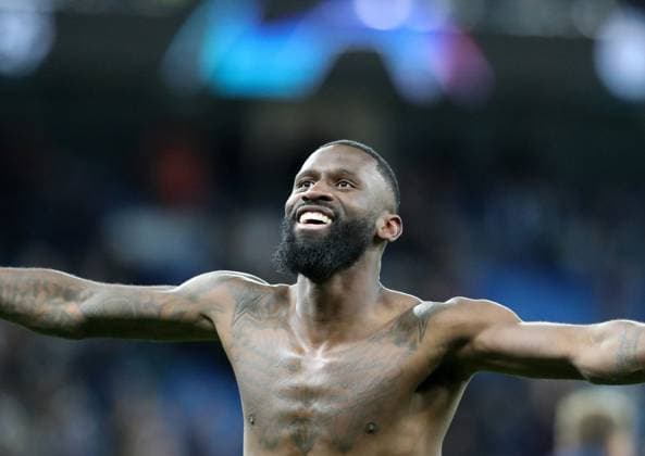 17th April 2024; Etihad Stadium, Manchester, England; Champions League Football, Quarter Final, Manchester City versus Real Madrid; Antonio Rudiger of Real Madrid celebrates with the visiting supporters  ActionPlus12631555 DavidxBlunsden