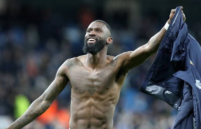 17th April 2024; Etihad Stadium, Manchester, England; Champions League Football, Quarter Final, Manchester City versus Real Madrid; Antonio Rudiger of Real Madrid celebrates with the visiting supporters  ActionPlus12631556 DavidxBlunsden