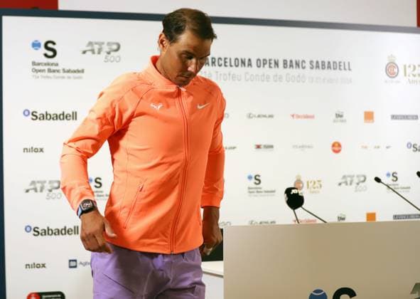 April 17, 2024, Sabadell, Barcelona, Spain: Barcelona Spain 17.04.2024 Rafael Nadal (Spain) looks in the match between Rafael Nadal (Spain) and Alex De Minaur (Australia) during the Day 5 of the Barcelona Open Banc Sabadell Godo on 17 April 2024 in Barcelona. Sabadell Spain - ZUMAu50_ 20240417_zsp_u50_064 Copyright: xXavixUrgelesx