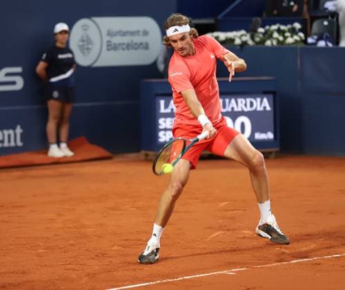 April 17, 2024, Sabadell, Barcelona, Spain: Barcelona Spain 17.04.2024 Stefanos Tsitsipas (Greece) control the ball in the match between Stefanos Tsitsipas (Greece) and Stefanos Ofner (Austria) during the Day 5 of the Barcelona Open Banc Sabadell Godo on 17 April 2024 in Barcelona. Sabadell Spain - ZUMAu50_ 20240417_zsp_u50_070 Copyright: xXavixUrgelesx