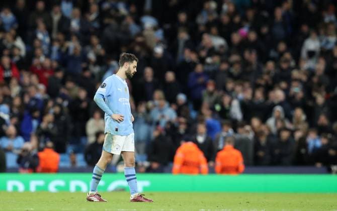 17th April 2024; Etihad Stadium, Manchester, England; Champions League Football, Quarter Final, Manchester City versus Real Madrid; Bernardo Silva of Manchester City looks dejected after his side& x2019;s 3-4 penalty shootout defeat  ActionPlus12631565 DavidxBlunsden