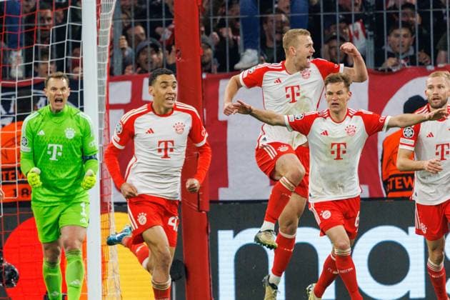 Bayerns 1 goalkeeper Manuel NEUER, 42 Jamal MUSIALA, 15 Eric DIER, 32 Joshua KIMMICH and 27 Konrad LAIMER cheer at the final whistle Football, Bayern Muenchen Arsenal London Football, UEFA Champions League, FC Bayern München FC Arsenal London 1 0, quarter-final, second leg, 2023 2024 season On 17 04 2024, in Munich, Germany, A L L I A N Z A R E N A Source Copyright Credit Oryk HAIST xFUSSBALL-BAYERN-ARSENALx