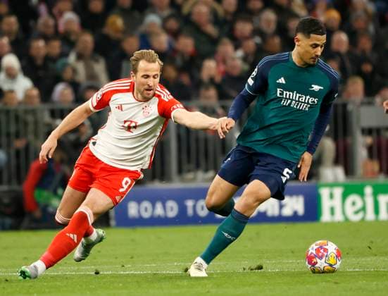 (240418) -- MUNICH, April 18, 2024 -- Harry Kane (L) of Bayern Munich vies with William Saliba of Arsenal during the UEFA Champions League quarterfinal 2nd Leg football match between Bayern Munich and Arsenal in Munich, Germany, April 17, 2024. (Photo by Xinhua) (SP)GERMANY-MUNICH-FOOTBALL-UEFA CHAMPIONS LEAGUE-BAYERN MUNICH VS ARSENAL PhilippexRuiz 