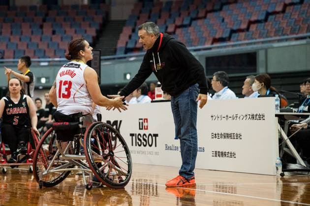 2024 IWBF Womens Repechage Spain Canada 18 04 2024 Victoria Alonso Vilarino Spain, 13 and Franck Joaquin Belen Coach Spain clap off 2024 IWBF Womens Repechage Spain Canada Asue Arena, Osaka Copyright: xBEAUTIFULxSPORTS Wunderlx