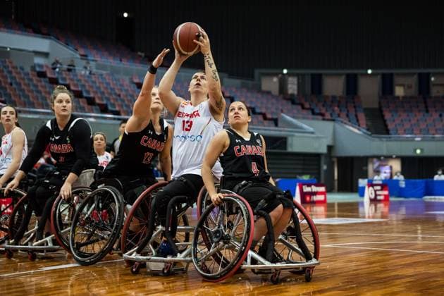 2024 IWBF Womens Repechage Spain Canada 18 04 2024 Kady Dandeneau Canada, 13 , Victoria Alonso Vilarino Spain, 13 in the throw, Rosie Lalonde Canada, 4 2024 IWBF Womens Repechage Spain Canada Asue Arena, Osaka Copyright: xBEAUTIFULxSPORTS Wunderlx
