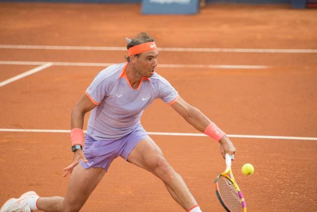 April 17, 2024: RAFAEL NADAL reaches for the ball during a match against ALEX DE MINAUR in the Barcelona Open Banc Sabadell 2023. This was announced by RAFAEL NADAL as probably his last participation in the Barcelona Open Banc Sabadell. ALEX DE MINAUR won the match 7-5 6-1. - ZUMAr159 20240417_aap_r159_037 Copyright: xPatriciaxRodriguesx