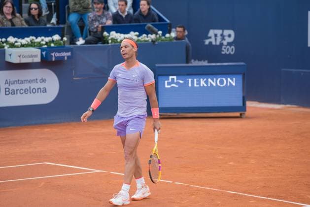 April 17, 2024: RAFAEL NADAL misses a point during a match against ALEX DE MINAUR in the Barcelona Open Banc Sabadell 2024. This was announced by RAFAEL NADAL as probably his last participation in the Barcelona Open Banc Sabadell. ALEX DE MINAUR won the match 7-5 6-1. - ZUMAr159 20240417_aap_r159_053 Copyright: xPatriciaxRodriguesx