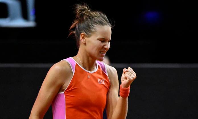Veronika Kudermetova RUS Jubel Freude Emotion Tennis Damen Porsche Cup Porsche Tennis Grand Prix GP Stuttgart 2024 Porsche Arena 18 04 2024 DFL REGULATIONS PROHIBIT ANY USE OF PHOTOGRAPHS AS IMAGE SEQUENCES AND OR QUASI VIDEO Porsche Tennis Grand Prix GP Stuttgart 2024