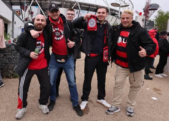 London, England, 18th April 2024. Bayer Leverkusen fans outside the stadium during the UEFA Europa League match at the London Stadium, London. Picture credit should read: David Klein Sportimage EDITORIAL USE ONLY. No use with unauthorised audio, video, data, fixture lists, club league logos or live services. Online in-match use limited to 120 images, no video emulation. No use in betting, games or single club league player publications. SPI-3091-0009