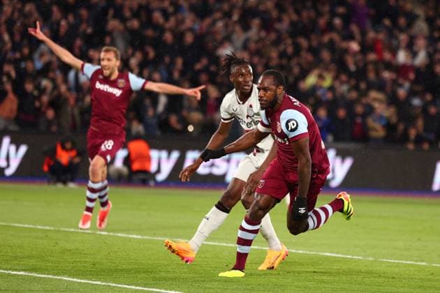 18th April 2024; London Stadium, London, England; Europa League Football, Quarter Final, Second Leg, West Ham United versus Bayer Leverkusen; Michail Antonio of West Ham United celebrates after he scored for 1-0 in the 13th minute  ActionPlus12631755 ShaunxBrooks