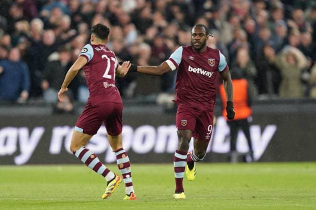 West Ham United FC v Bayer 04 Leverkusen Michail Antonio of West Ham United celebrating his goal with Nayef Aguerd of West Ham United during the West Ham United FC v Bayer 04 Leverkusen UEFA Europa League Quater-Finals 2nd Leg match at London Stadium, London, England, United Kingdom on 18 April 2024 Editorial use only. All images are copyright Every Second Media Limited. No images may be reproduced without prior permission. Copyright: xIMAGO EveryxSecondxMediax ESM-0986-0011