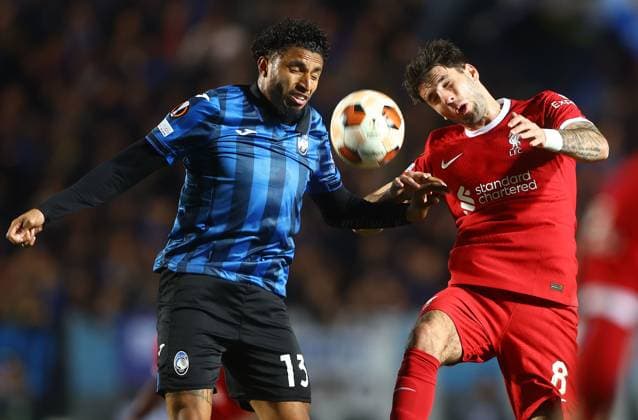 Ederson of Atalanta and Dominik Szoboszlai of Liverpool in action Atalanta v Liverpool, UEFA Europa League, Quarter Final, Second Leg, Football, Gewiss Stadium, Bergamo, Italy - 18 Apr 2024 EDITORIAL USE ONLY No use with unauthorised audio, video, data, fixture lists, club league logos or live services. Online in-match use limited to 120 images, no video emulation. No use in betting, games or single club league player publications.  Copyright: xKieranxMcManus Shutterstockx 14438415z