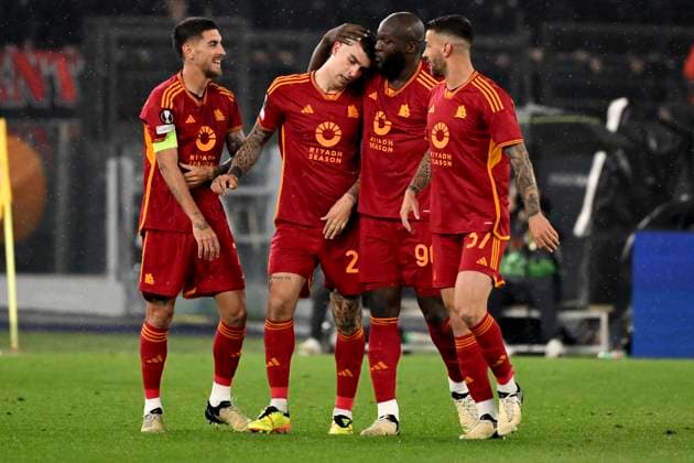 Gianluca Mancini of AS Roma (2l) celebrates with team mates after scoring the goal of 1-0 during the Europa League football match between AS Roma and AC Milan at Olimpico stadium in Rome (Italy), April 18th, 2024. AndreaxStaccioli