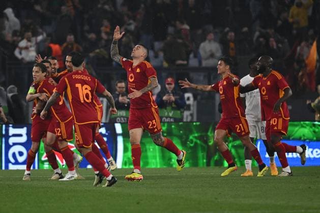 Gianluca Mancini of A.S. Roma celebrates after scoring the gol of 1-0 during the UEFA Europa League Quarter-final second Leg match, between A.S. Roma vs A.C. Milan at the Olympic Stadium on April 18, 2024 in Rome, Italy.  Copyright: xDomenicoxCippitelli IPAxSportx x xx IPA_45277657 IPA_Agency_IPA45277657