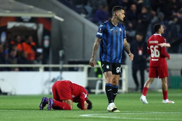 Mohamed Salah (Liverpool Fc) celebrates after scoring his team s first goal, UEFA Europa League 2023 2024 - Quarter-Final, Atalanta vs Liverpool Fc, Gewiss Stadium, April 18, 2024, Bergamo, Italy.