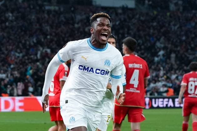 joie - Faris Pemi Moumbagna (Olympique de Marseille) FOOTBALL : Olympique de Marseille vs SL Benfica - Ligue Europa - Quart de finale retour - Marseille - 18 04 2024 NorbertScanella Panoramic 
