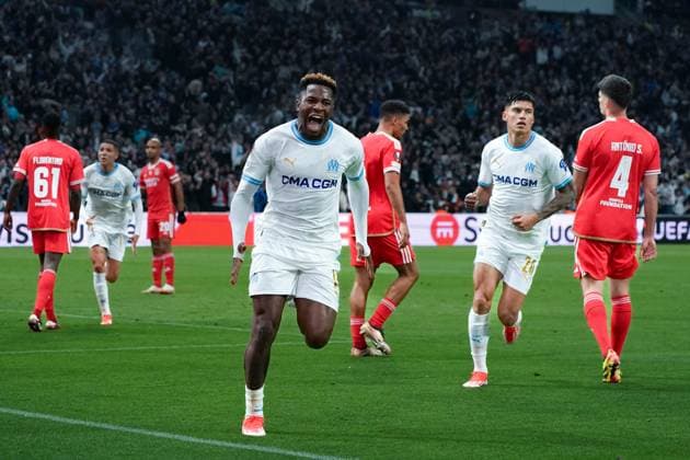 joie - Faris Pemi Moumbagna (Olympique de Marseille) FOOTBALL : Olympique de Marseille vs SL Benfica - Ligue Europa - Quart de finale retour - Marseille - 18 04 2024 NorbertScanella Panoramic 