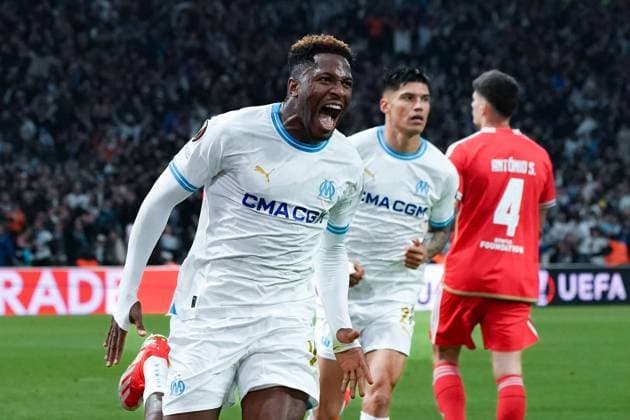 joie - Faris Pemi Moumbagna (Olympique de Marseille) FOOTBALL : Olympique de Marseille vs SL Benfica - Ligue Europa - Quart de finale retour - Marseille - 18 04 2024 NorbertScanella Panoramic 