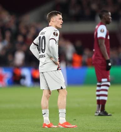 - West Ham United v Bayer 04 Leverkusen, UEFA Europa League, Quarter Final, 2nd Leg, London Stadium, London, UK - 18th April 2024. Florian Wirtz of Bayer 04 Leverkusen looks disappointed & dejected. - West Ham United v Bayer 04 Leverkusen, UEFA Europa League, Quarter Final, 2nd Leg, London Stadium, London, UK - 18th April 2024. London London Stadium UK Copyright: xDanxWeirx CP_West_Ham_United_Bayer_04_Leverkusen_10