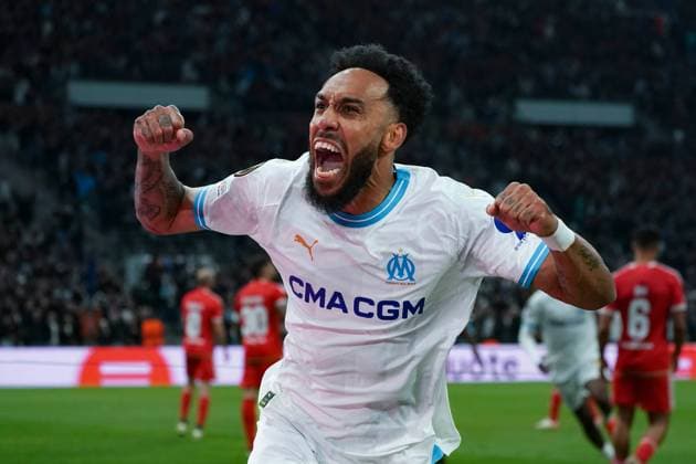 Joie - Pierre Emerick Aubameyang (Olympique de Marseille) FOOTBALL : Olympique de Marseille vs SL Benfica - Ligue Europa - Quart de finale retour - Marseille - 18 04 2024 NorbertScanella Panoramic 