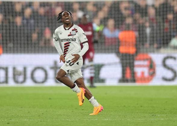 London, England, 18th April 2024. Jeremie Frimpong of Bayer Leverkusen celebrates scoring their goal during the UEFA Europa League match at the London Stadium, London. Picture credit should read: David Klein Sportimage EDITORIAL USE ONLY. No use with unauthorised audio, video, data, fixture lists, club league logos or live services. Online in-match use limited to 120 images, no video emulation. No use in betting, games or single club league player publications. SPI-3091-0058