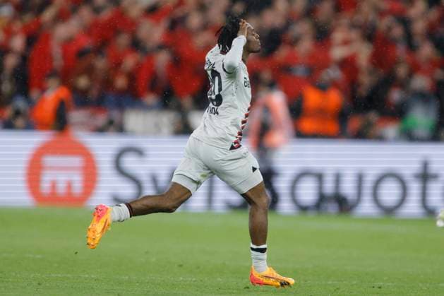 West Ham United FC v Bayer 04 Leverkusen: Quarter-Final Second Leg - UEFA Europa League 2023 24 Jeremie Frimpong of Bayer 04 Leverkusen celebrates equalizing goal during the UEFA Europa League 2023 24 Quarter-Final second leg match between West Ham United FC and Bayer 04 Leverkusen at Olympic Stadium on April 18, 2024 in London, England. London Olympic Stadium England United Kingdom Copyright: xNigelxFrench Sportsphoto APLx 14037850