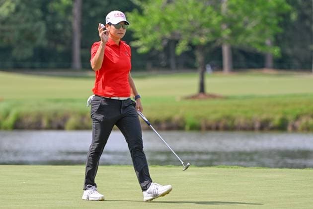 THE WOODLANDS, TX - APRIL 18: Yani Tseng (TAI) after sinking her par putt on 9 during Rd1 of the Chevron Championship at The Club at Carlton Woods on April 18, 2024 in The Woodlands, Texas. (Photo by Ken Murray Icon Sportswire) GOLF: APR 18 LPGA, Golf Damen The Chevron Championship EDITORIAL USE ONLY Icon240418086