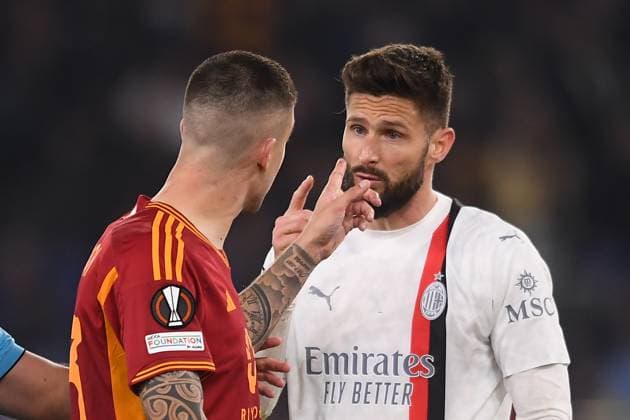 Gianluca Mancini of AS Roma and Olivier Giroud of AC Milan argue during the Europa League football match between AS Roma and AC Milan at Olimpico stadium in Rome (Italy), April 18th, 2024. AntoniettaxBaldassarre