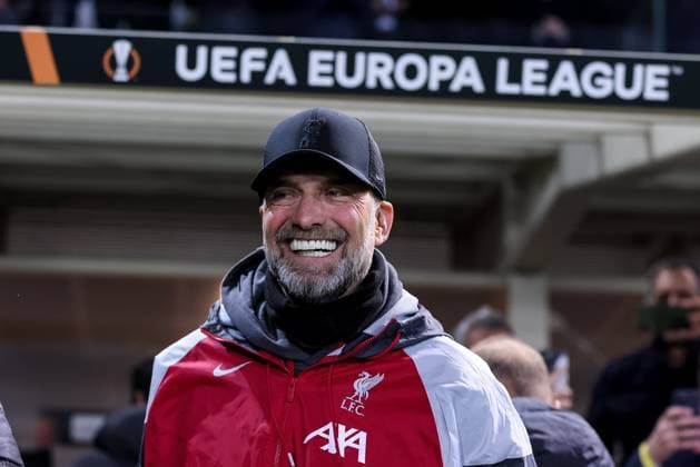 BERGAMO, ITALY - APRIL 18: Jürgen Klopp (Head Coach for Liverpool F.C.) smile during the Europa League football match between Atalanta and Liverpool at Gewiss Stadium on April 18, 2024 in Bergamo, Italy. (Photo by Stefano Nicoli Speed Media Icon Sportswire) SOCCER: APR 18 Europa League Quarter Finals - Atalanta v Liverpool EDITORIAL USE ONLY Icon24041801984