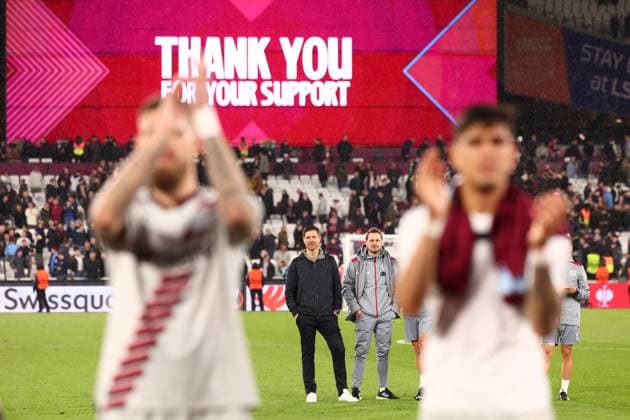 18th April 2024; London Stadium, London, England; Europa League Football, Quarter Final, Second Leg, West Ham United versus Bayer Leverkusen; Bayer Leverkusen Manager Xabi Alonso observes his side celebrating with fans after they go through to the semi finals  ActionPlus12631875 ShaunxBrooks