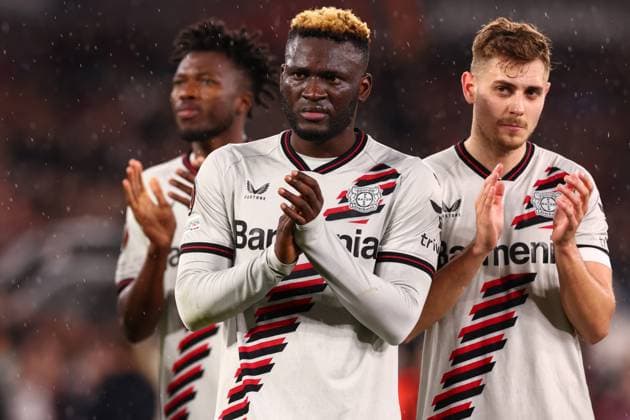 18th April 2024; London Stadium, London, England; Europa League Football, Quarter Final, Second Leg, West Ham United versus Bayer Leverkusen; Victor Boniface of Bayer Leverkusen celebrates after Leverkusen go through to the next round  ActionPlus12631887 ShaunxBrooks