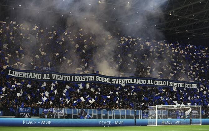 Atalanta fans in the stands Atalanta v Liverpool, UEFA Europa League, Quarter Final, Second Leg, Football, Gewiss Stadium, Bergamo, Italy - 18 Apr 2024 EDITORIAL USE ONLY No use with unauthorised audio, video, data, fixture lists, club league logos or live services. Online in-match use limited to 120 images, no video emulation. No use in betting, games or single club league player publications.  Copyright: xKieranxMcManus Shutterstockx 14438415cw