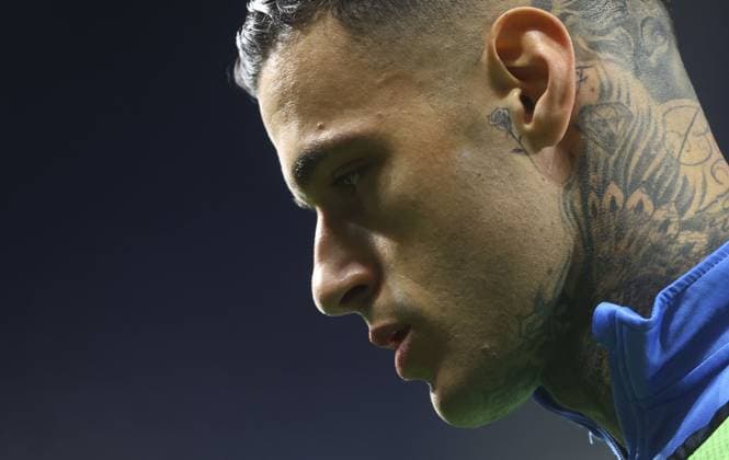The tattooed neck of Gianluca Scamacca of Atalanta Atalanta v Liverpool, UEFA Europa League, Quarter Final, Second Leg, Football, Gewiss Stadium, Bergamo, Italy - 18 Apr 2024 EDITORIAL USE ONLY No use with unauthorised audio, video, data, fixture lists, club league logos or live services. Online in-match use limited to 120 images, no video emulation. No use in betting, games or single club league player publications.  Copyright: xKieranxMcManus Shutterstockx 14438415ck